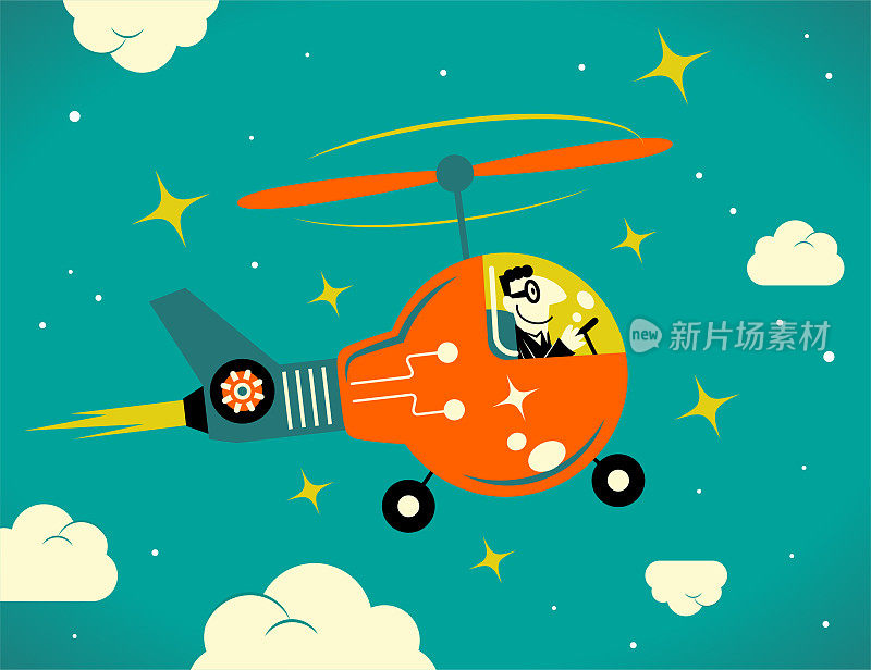 Businessman piloting an idea light bulb helicopter in the sky